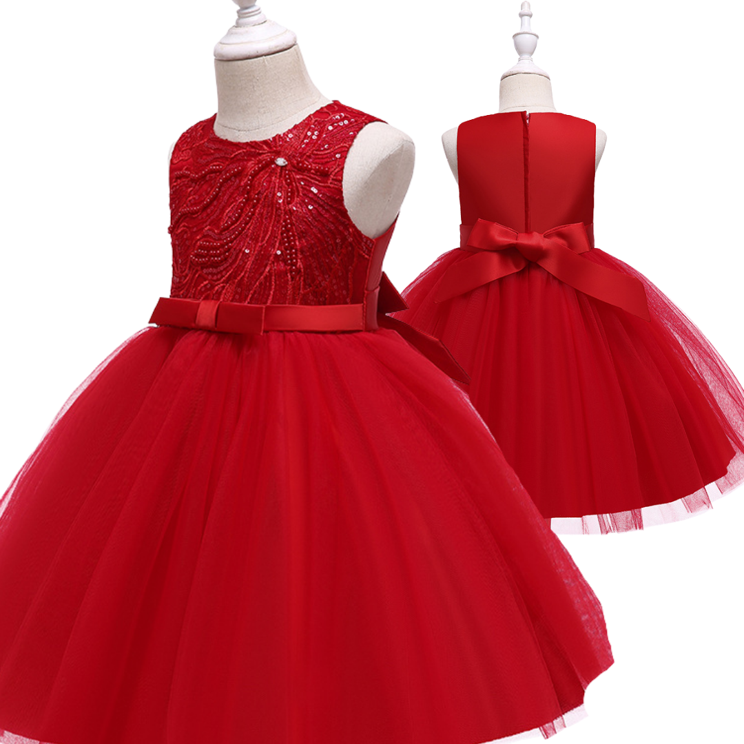 Back view of girls' formal wear, a princess dress with pearl and sequin detail and full skirt