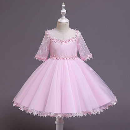 Childrens fashion: light pink sleeveless princess dress with shimmery sequins and pearls