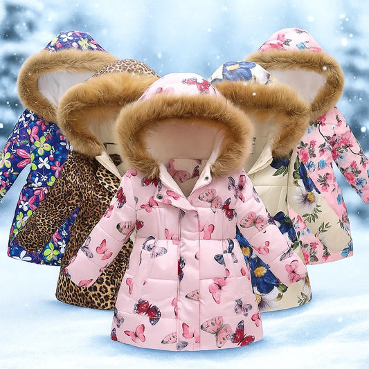 Girls' pink quilted winter coat with floral patterns, warm puffer jacket for toddlers.