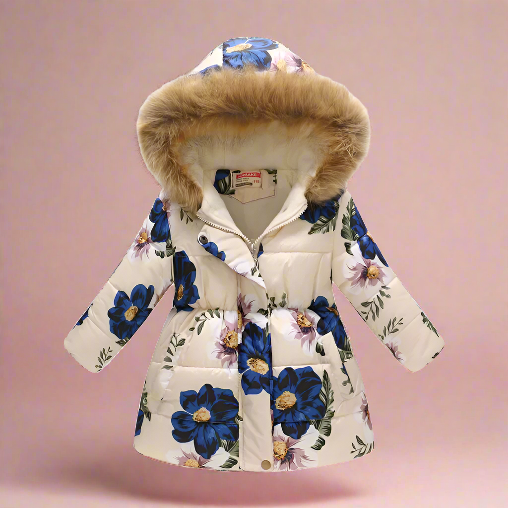 Girls' multicolor puffer jacket, vibrant striped patterns, fun kids' winter wear.