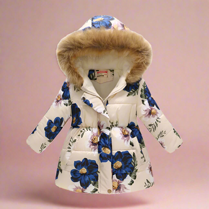 Girls' multicolor puffer jacket, vibrant striped patterns, fun kids' winter wear.