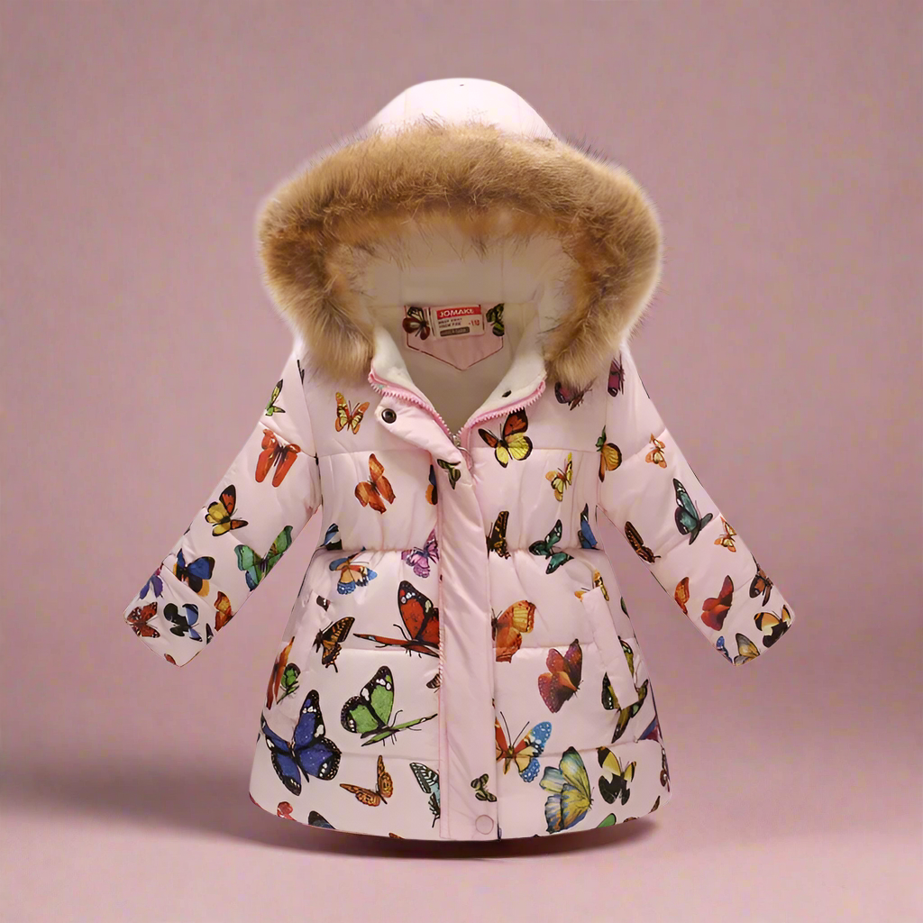 Warm girls' quilted coat, navy blue with snowflake patterns, perfect for winter.