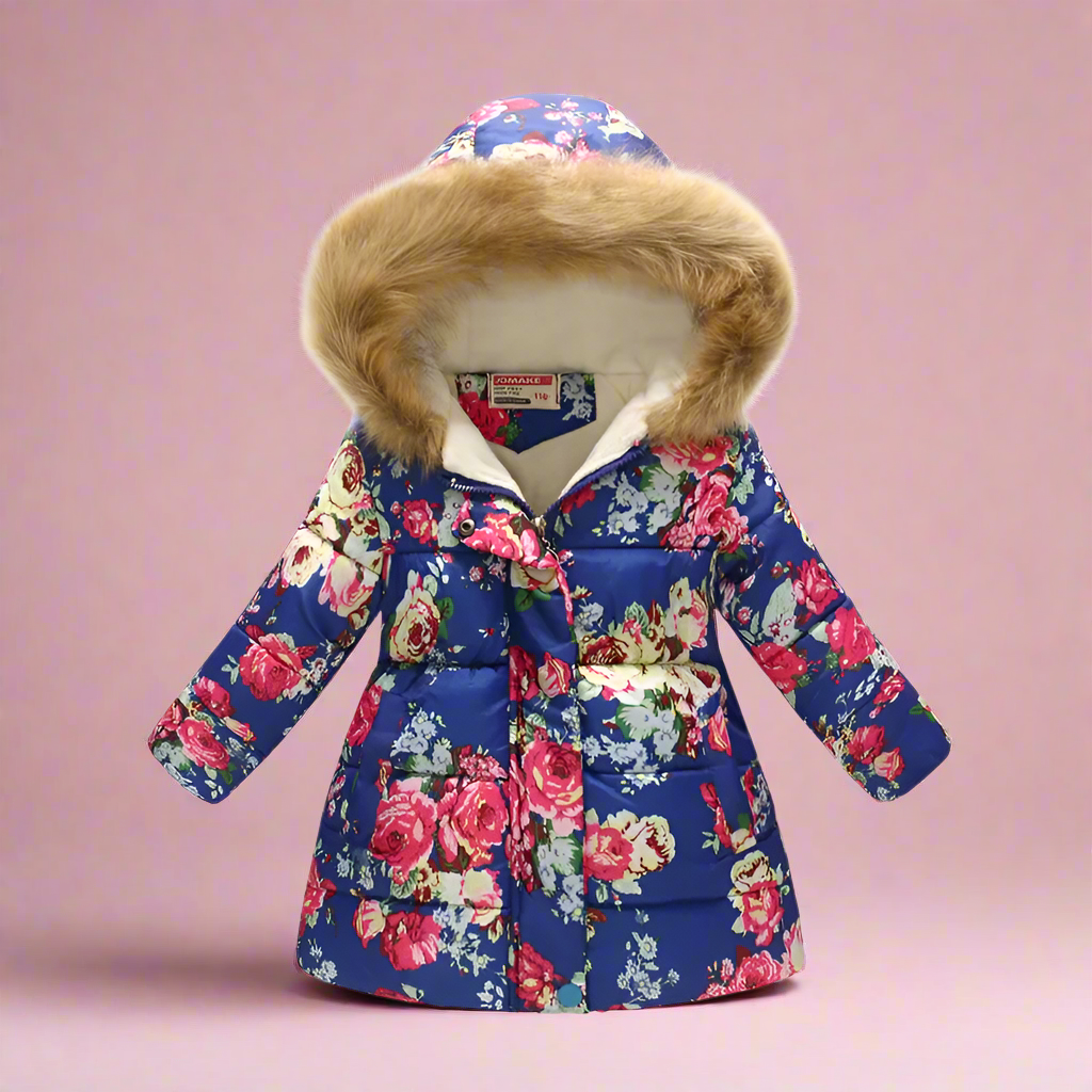 Girls' puffer jacket, soft pink with animal print patterns, cozy kids' apparel.