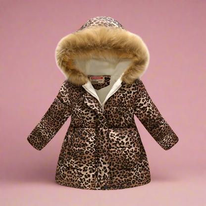 Girls' orange quilted winter coat, chevron patterns, bright toddler outerwear.