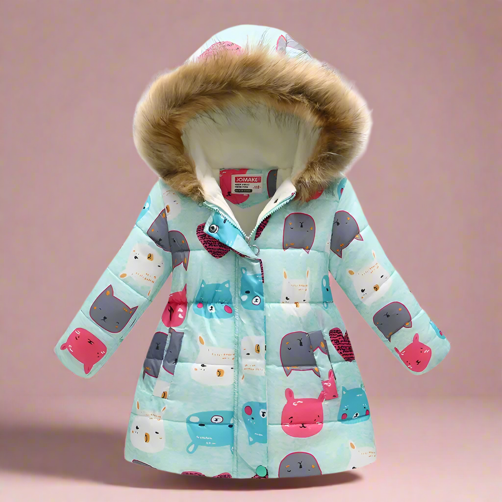 Brown girls' puffer jacket, leaf patterns, earthy tone kids' fall fashion.