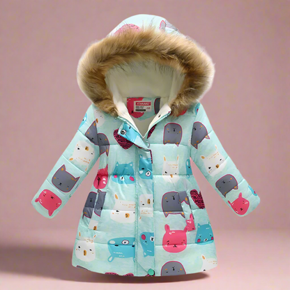 Brown girls' puffer jacket, leaf patterns, earthy tone kids' fall fashion.