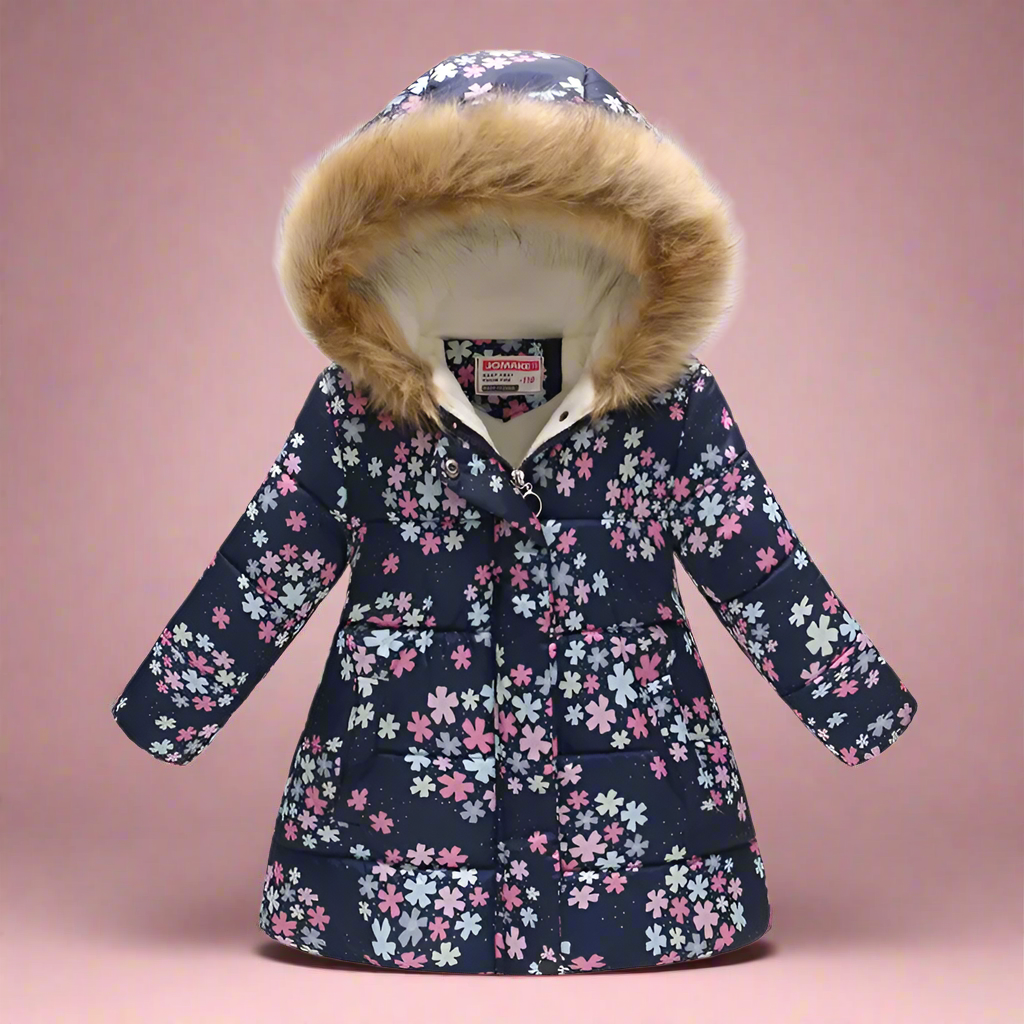 Girls' grey quilted winter coat, cloud patterns, comfortable toddler jacket.