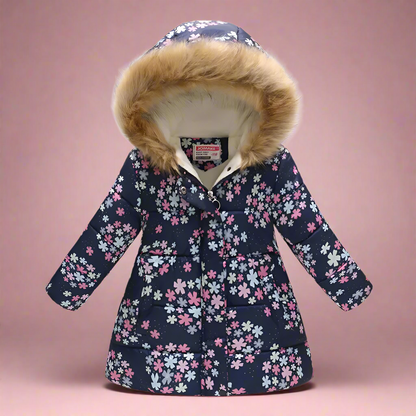 Girls' grey quilted winter coat, cloud patterns, comfortable toddler jacket.