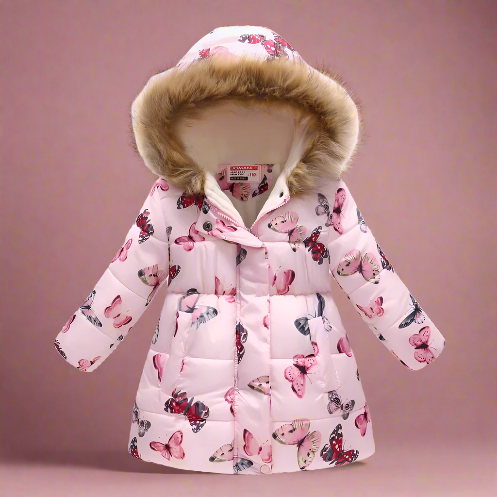Girls' bright blue puffer jacket, camo patterns, adventurous kids' winter coat.