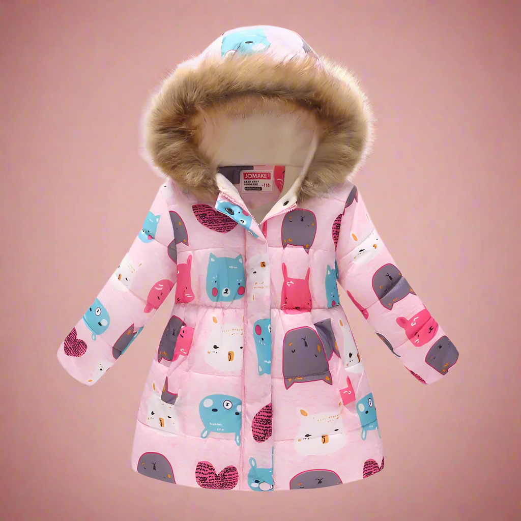 Hot pink girls' quilted winter coat, glitter patterns, sparkly toddler jacket.