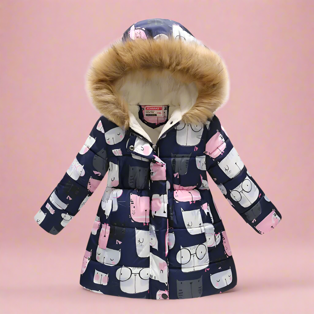 Girls' cream puffer jacket, cable knit-inspired patterns, classic kids' outerwear.