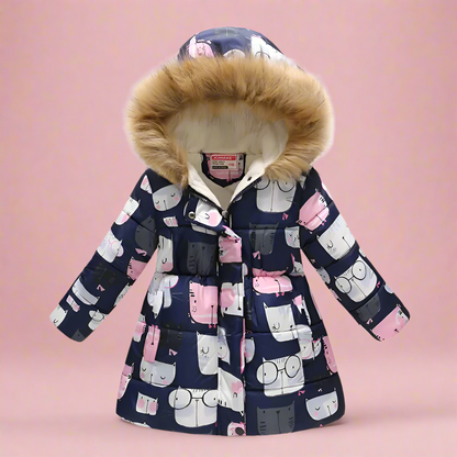 Girls' cream puffer jacket, cable knit-inspired patterns, classic kids' outerwear.