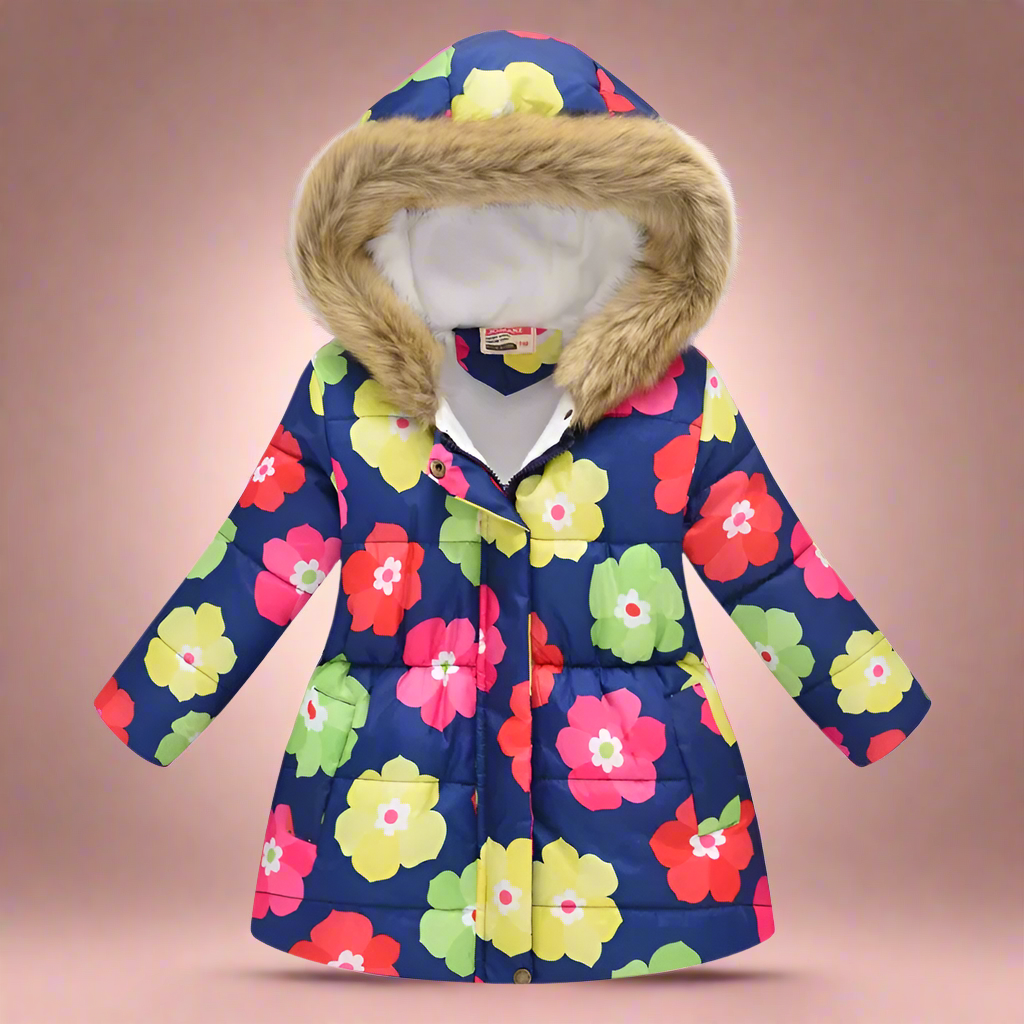 Girls' olive green quilted winter coat, houndstooth patterns, stylish toddler jacket.