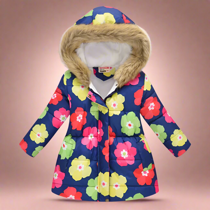 Girls' olive green quilted winter coat, houndstooth patterns, stylish toddler jacket.