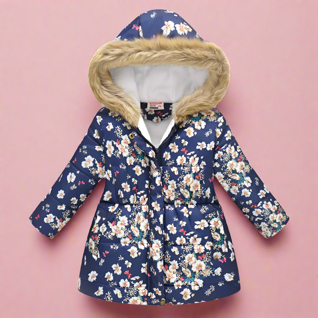 Girls' pastel purple puffer jacket, rainbow patterns, cheerful kids' winter wear.