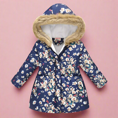 Girls' pastel purple puffer jacket, rainbow patterns, cheerful kids' winter wear.