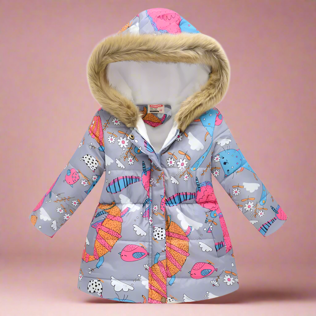 Girls' navy quilted winter coat, polka dots, versatile toddler winter clothing.