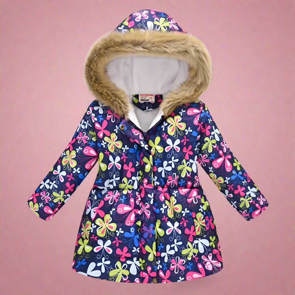 Girls' mustard yellow puffer jacket, plaid patterns, trendy kids' fall coat.