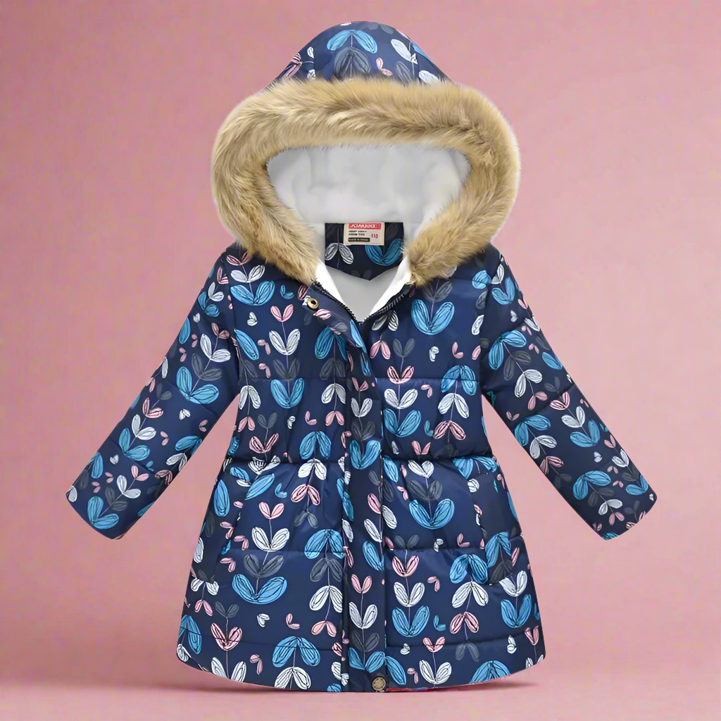 Girls' burgundy quilted winter coat, damask patterns, elegant toddler outerwear.
