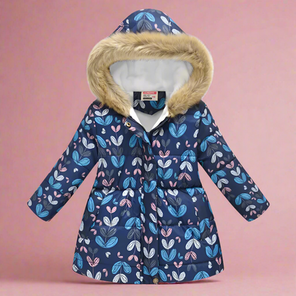 Girls' burgundy quilted winter coat, damask patterns, elegant toddler outerwear.