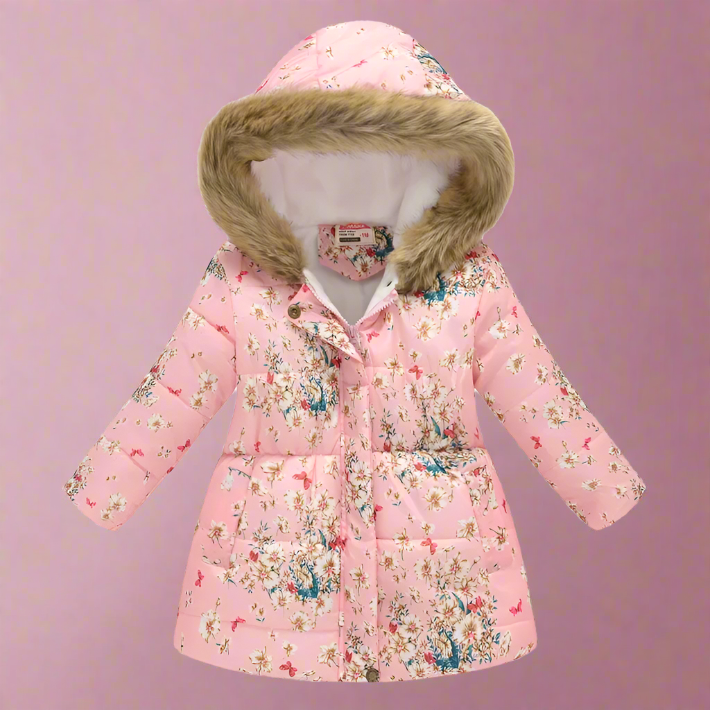 Girls' light blue puffer jacket, abstract swirl patterns, unique kids' winter style.
