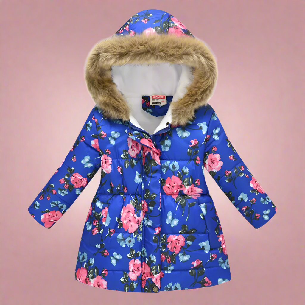 Girls' charcoal grey quilted winter coat, subtle striped patterns, practical toddler jacket.