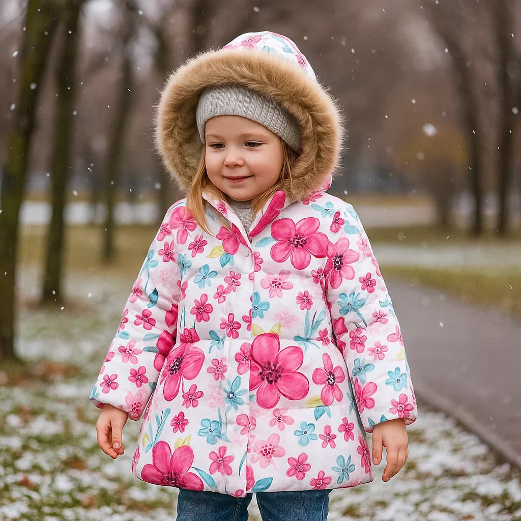 Girls' quilted winter coat, purple with heart patterns, cozy toddler jacket for cold.