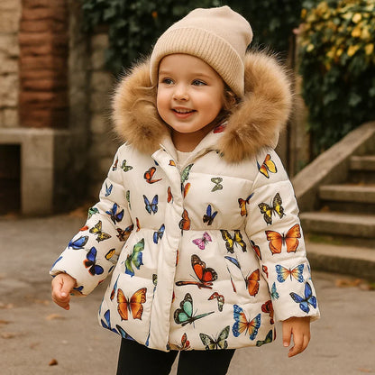 Stylish girls' puffer jacket, red with animal patterns, insulated kids' winter coat.
