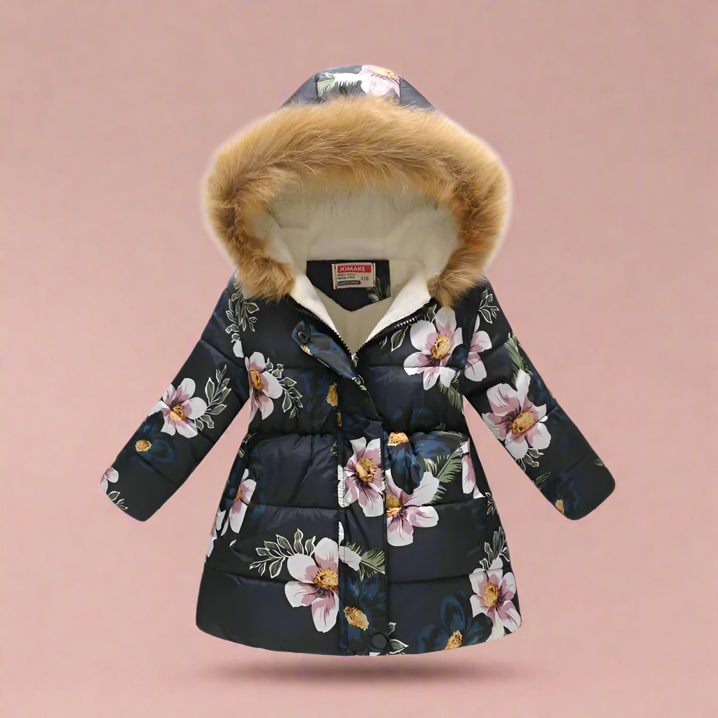 Green quilted winter coat for girls, abstract patterns, warm toddler fall fashion.