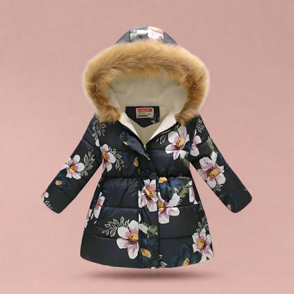 Green quilted winter coat for girls, abstract patterns, warm toddler fall fashion.