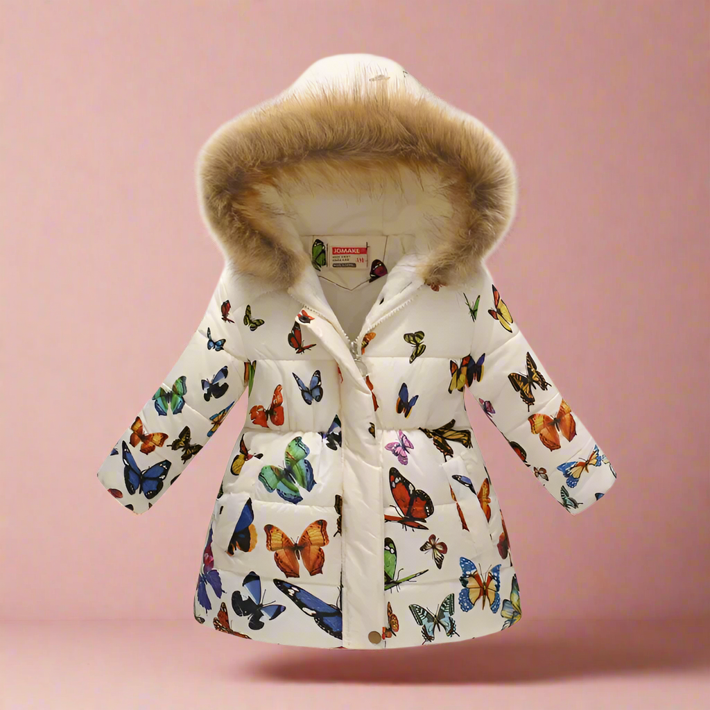 Girls' yellow puffer jacket with butterfly patterns, cozy kids' outerwear.