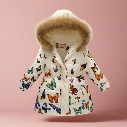 Girls' yellow puffer jacket with butterfly patterns, cozy kids' outerwear.