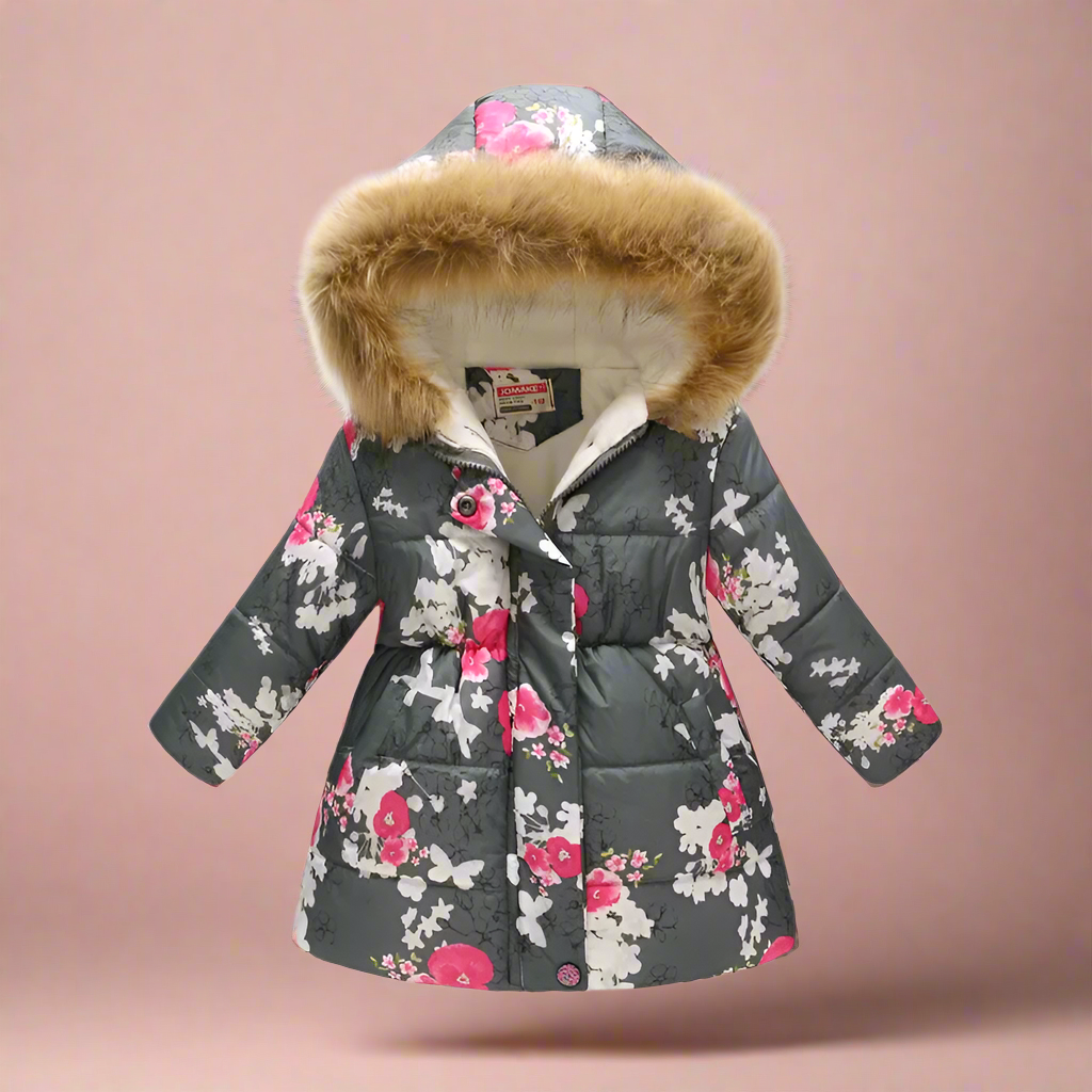 Girls' white puffer jacket with polka dot patterns, chic kids' winter clothing.