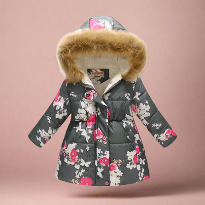 Girls' white puffer jacket with polka dot patterns, chic kids' winter clothing.