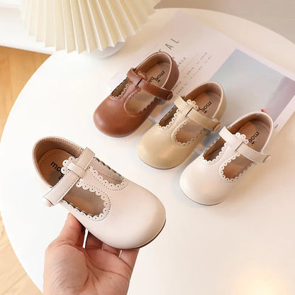 Girls' black retro T-strap flats, classic vintage princess dress shoes, PU leather, spring autumn