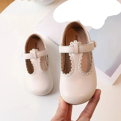Girls' blue T-strap flats, vintage princess style, comfortable kids dress shoes, PU leather