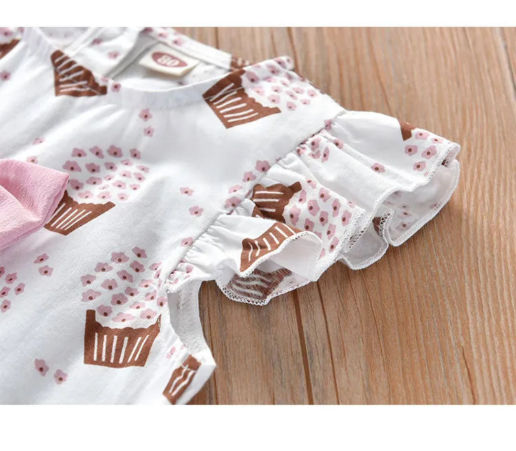 Back view of girls' sleeveless pink ice cream bow summer set, showcasing the design