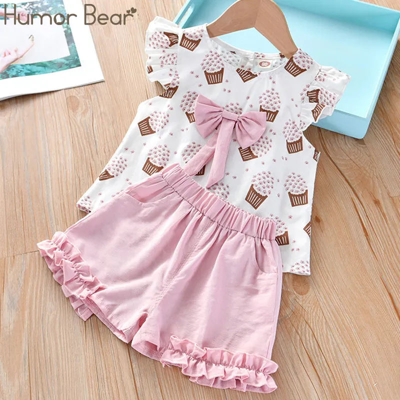 Toddler girl's summer set: sleeveless top with ice cream graphic & matching bow shorts