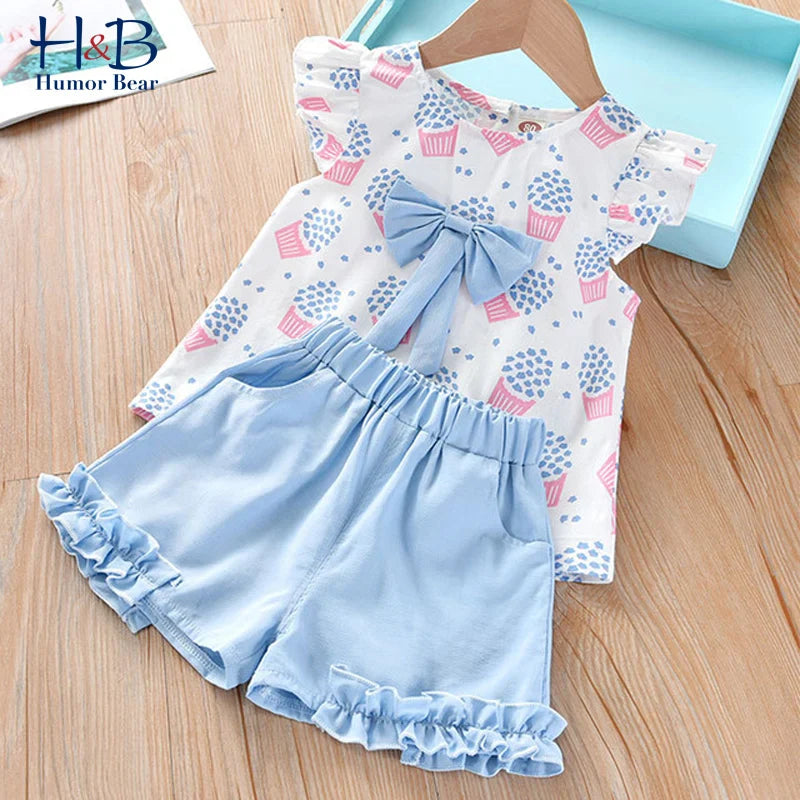 Cute girls' pink ice cream bow sleeveless summer outfit for joyful play