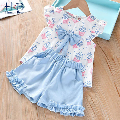 Cute girls' pink ice cream bow sleeveless summer outfit for joyful play