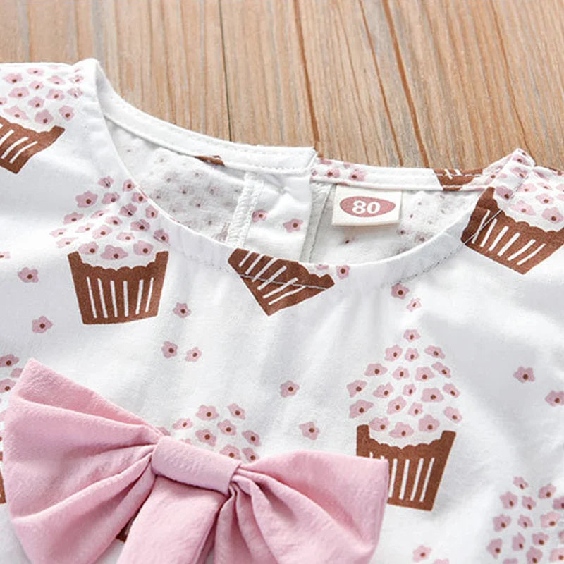 Summer-ready girls' clothing: Pink sleeveless ice cream bow print two-piece set