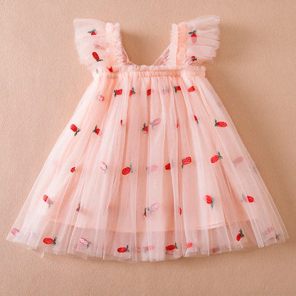 Pretty pink girls' back bow wing tulle party dress, perfect for dancing and fun.