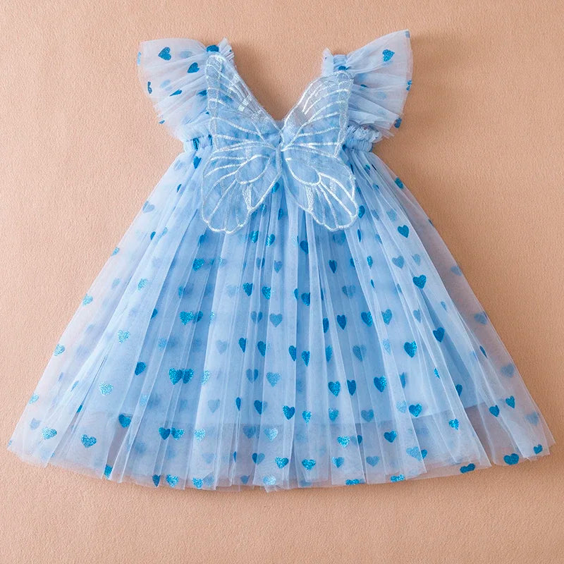 Kids fashion: Purple tulle party dress for girls, featuring elegant back bow and delicate wings.