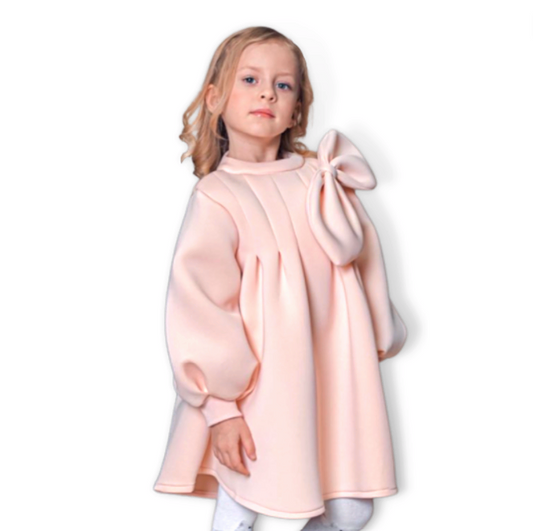 Girls' pink vintage ruched long sleeve dress with bow accent, perfect for special occasions