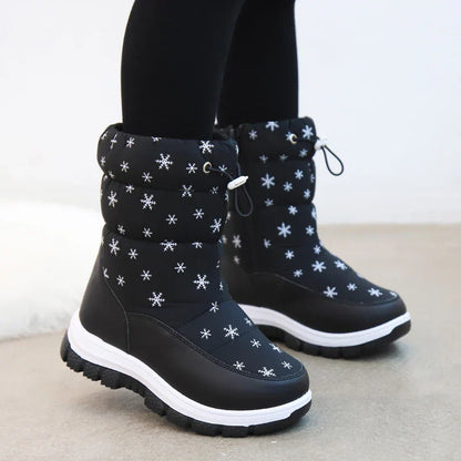 Kids' black winter snow boots with secure hook-and-loop closure, perfect for snow.