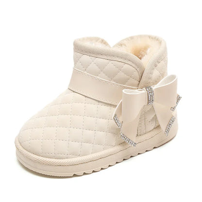 Girls black non-slip snow boots, warm and easy to wear, perfect waterproof winter kid's shoes.