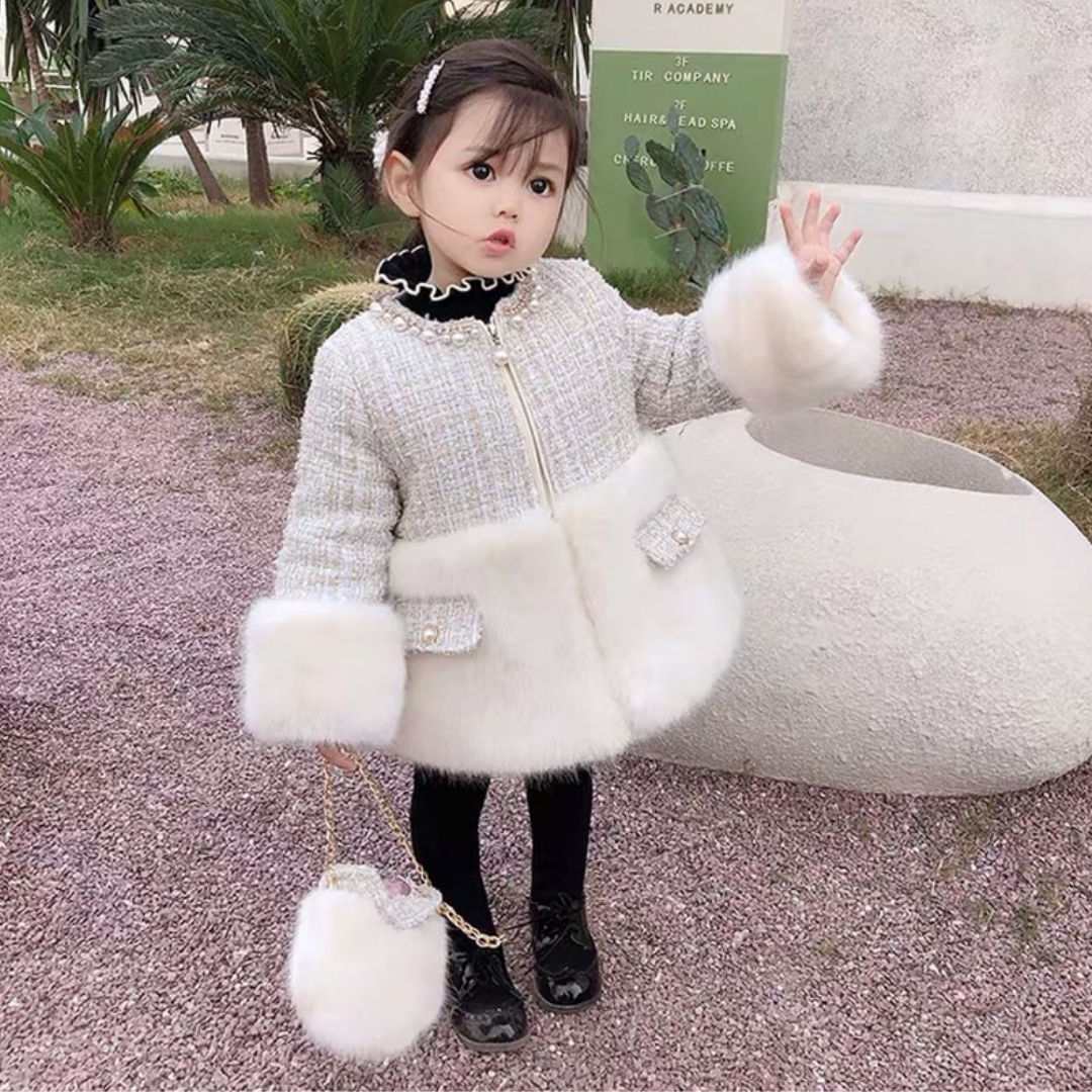 Girls plaid faux fur winter coat with a matching bag, perfect for fall and winter fashion.
