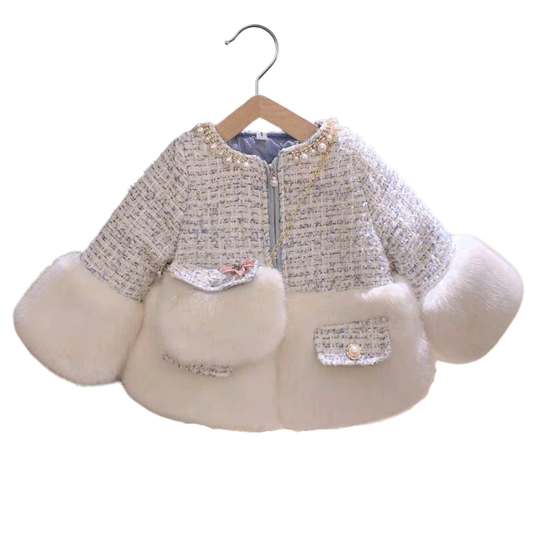 Warm toddler girl's plaid faux fur padded coat and coordinated bag for cold weather.