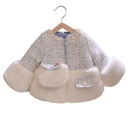 Warm toddler girl's plaid faux fur padded coat and coordinated bag for cold weather.