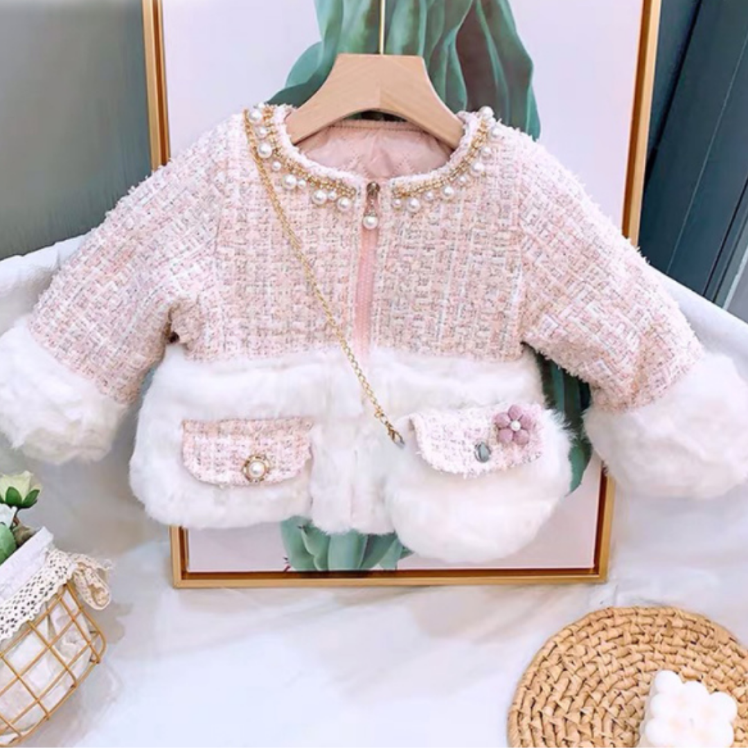 Cute girlswear: children's plaid faux fur winter jacket, and matching handbag for special occasions.